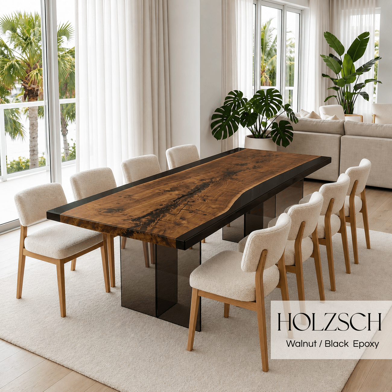 Mirage  Walnut Black Epoxy Dining Table. 