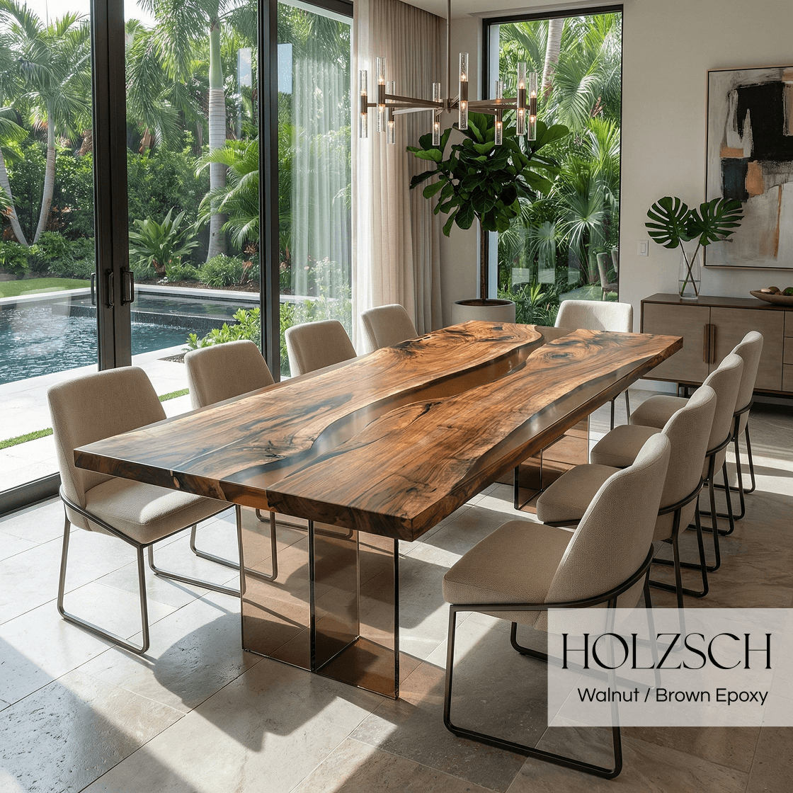 Dining room with a wooden table and chairs, featuring a pool and outdoor view.