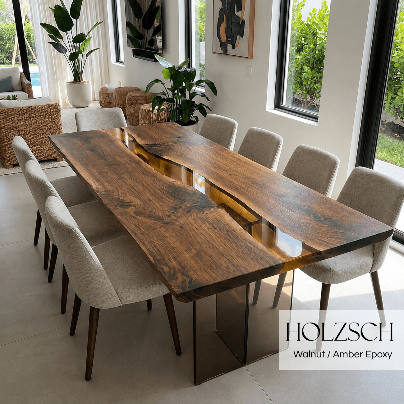 Mirage  Walnut Amber Epoxy Dining Table. 