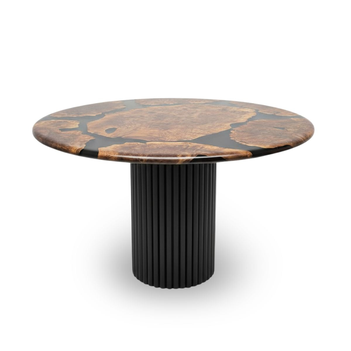 Round wooden table with a black ribbed base on a white background