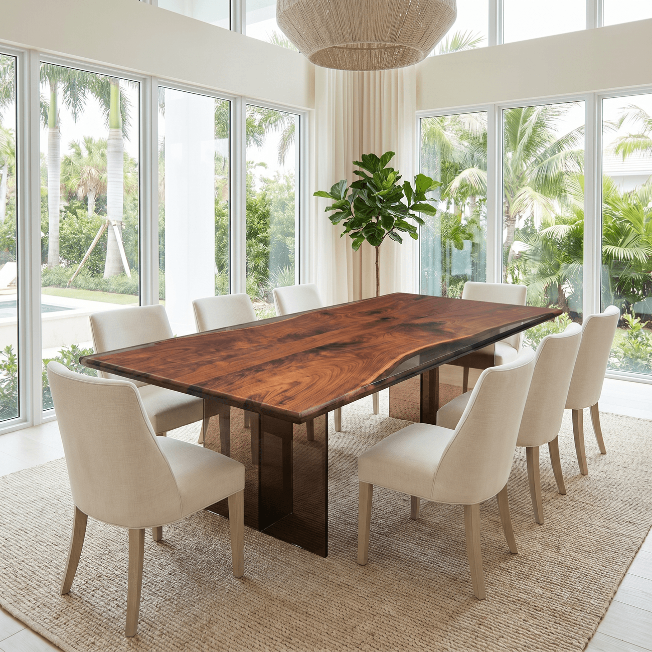 Dining room with a wooden table and white chairs in a bright room with large windows.