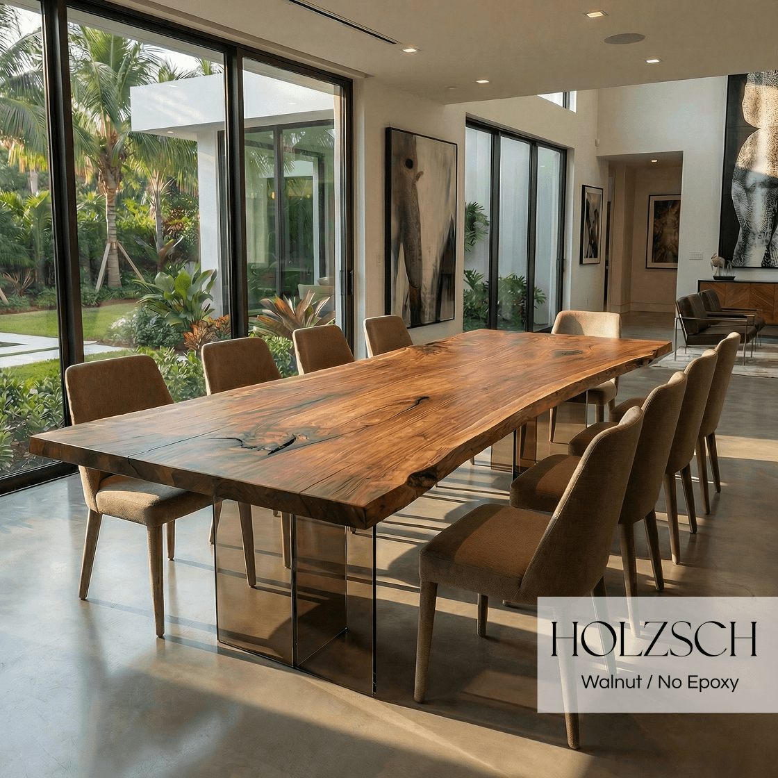 Dining room with a large wooden table and chairs, featuring the brand 'HOLZSCH' in the corner.