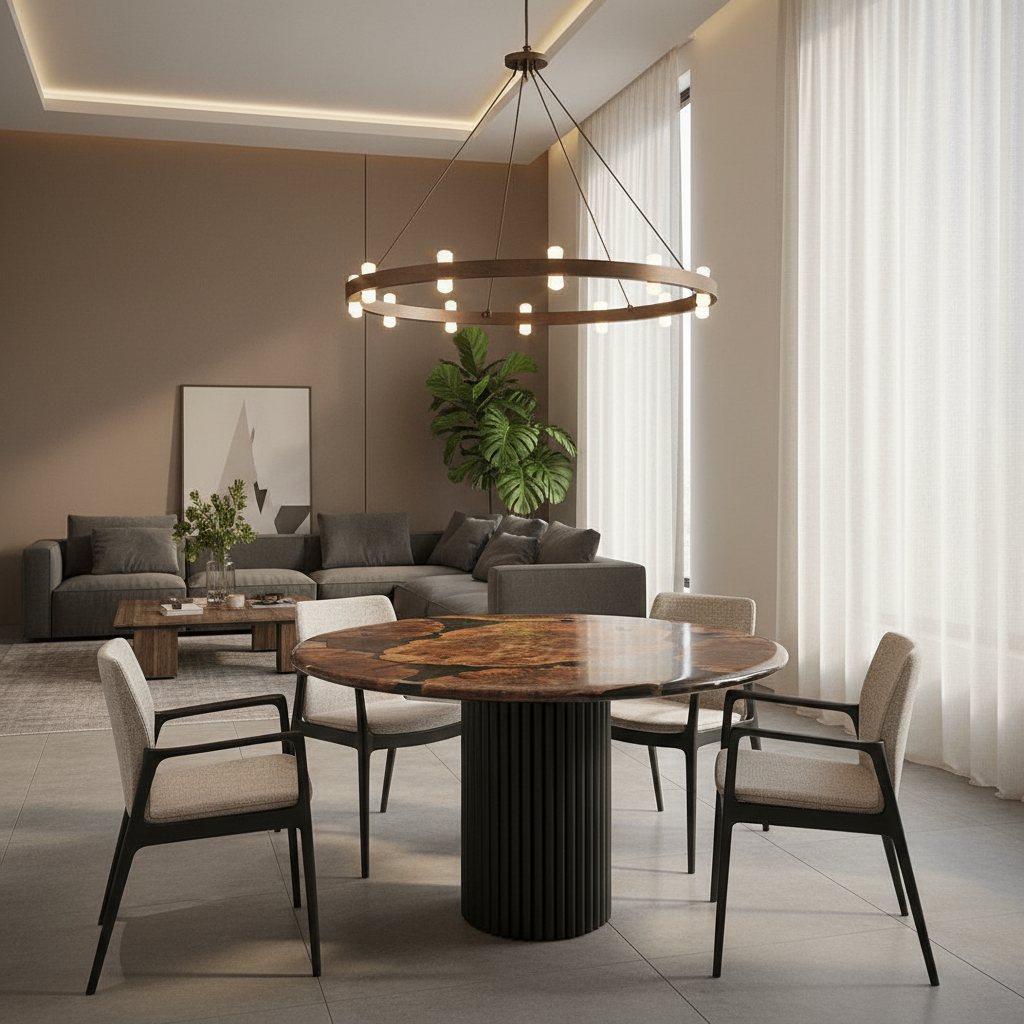 Modern living room with a round mirage epoxy walnut burl wooden table and chairs, featuring a chandelier and decor.