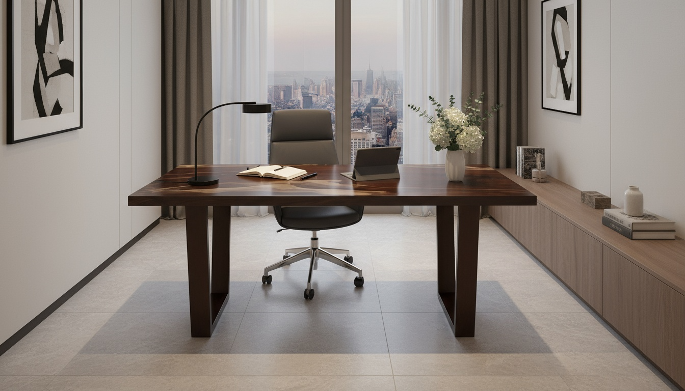 Modern office desk with chair and decor in a room with large windows.