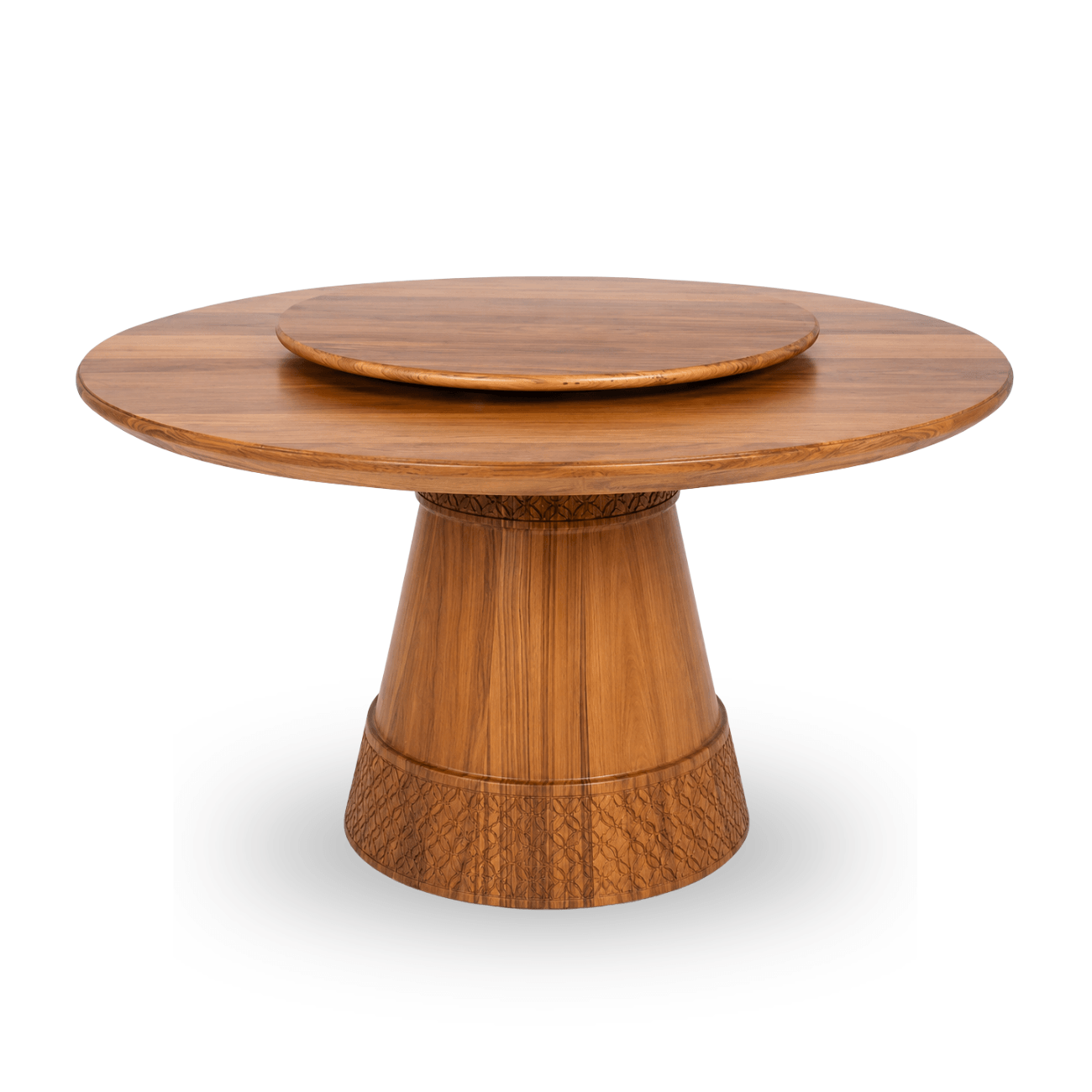 Outdoor round Burmese teak dining table with integrated Lazy Susan