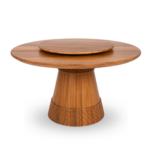 Outdoor round Burmese teak dining table with integrated Lazy Susan