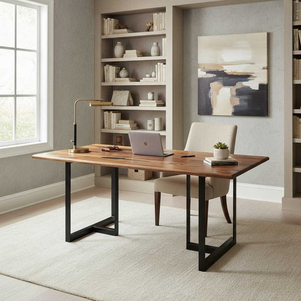 Modern home office with wooden desk, chair, and bookshelves.