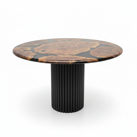 Mirage Round Epoxy wooden table with a black ribbed cylindrical fluted base on a white background
