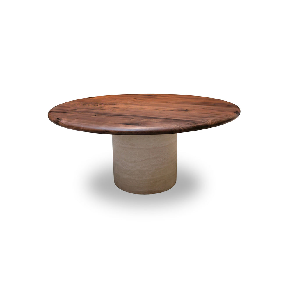 Walnut Round Coffee Table – Travertine Column Base Design – Holzsch