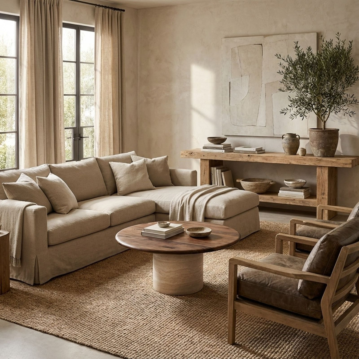 Rogue Table Walnut Round Coffee Table – Travertine Column Base Design – Holzsch