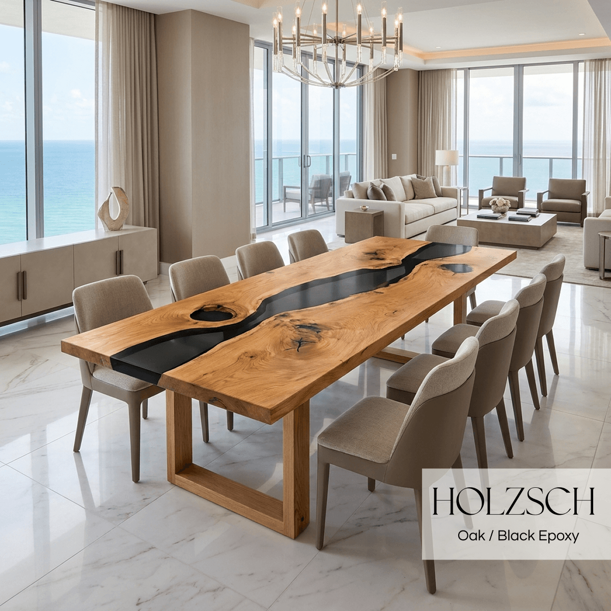 Modern dining room with a wooden table and chairs, featuring Holzsch branding.
