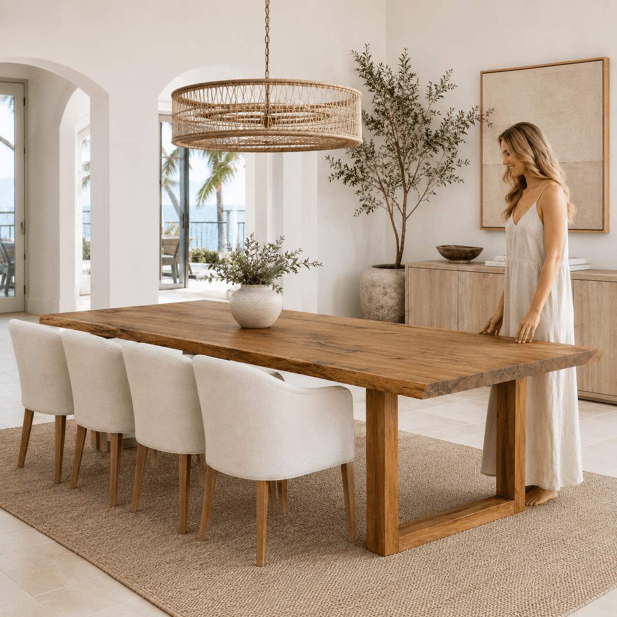 Dining room with wooden table and white chairs, woman in a white dress standing near the table.