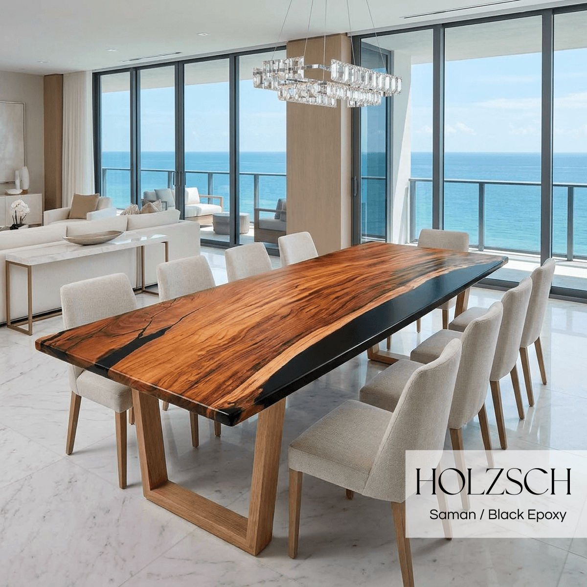 Dining table with wooden top and black epoxy accent in a modern living room with ocean view.