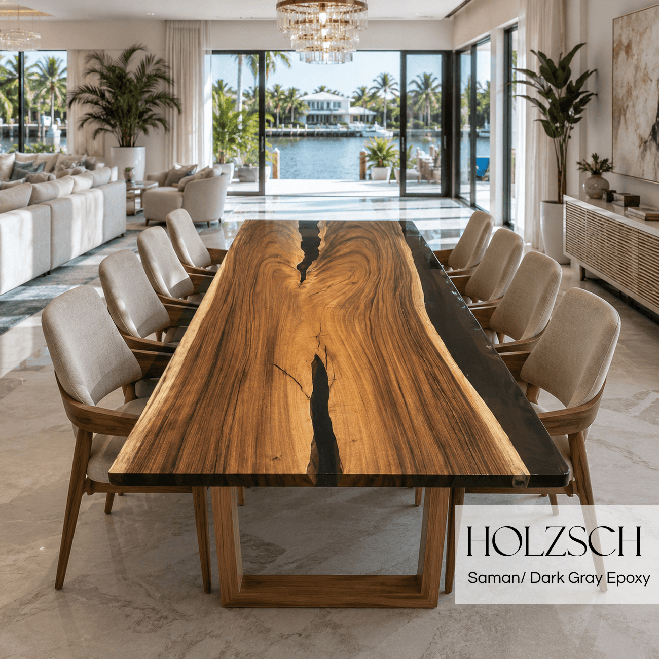 Sedon Monkey Pod Dark Gray Epoxy Dining Table.