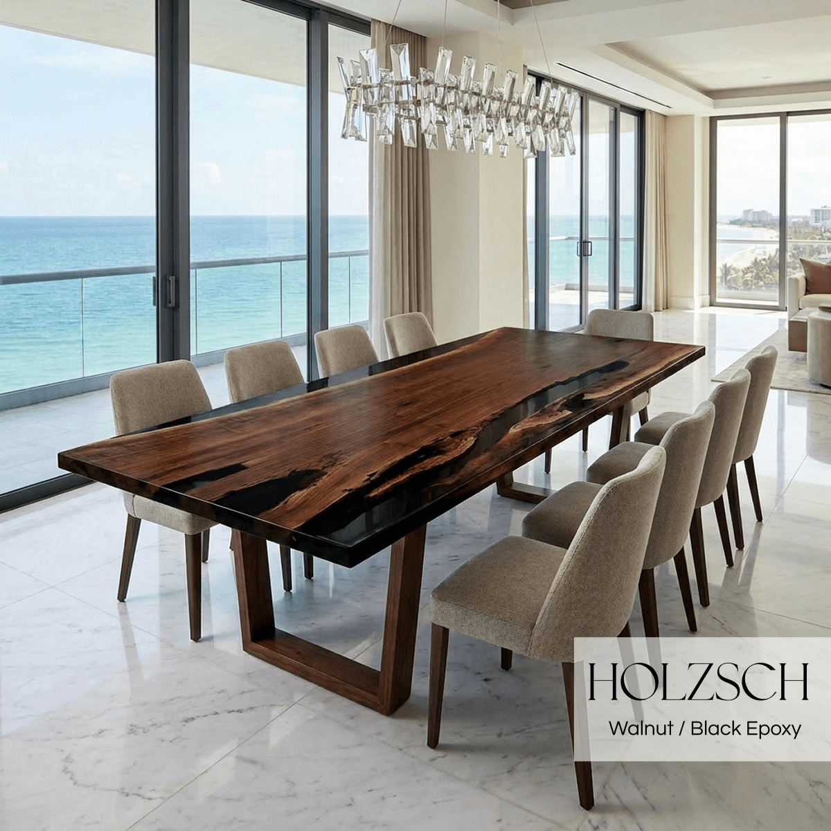 Modern dining room with a wooden table and chairs, featuring Holzsch branding.