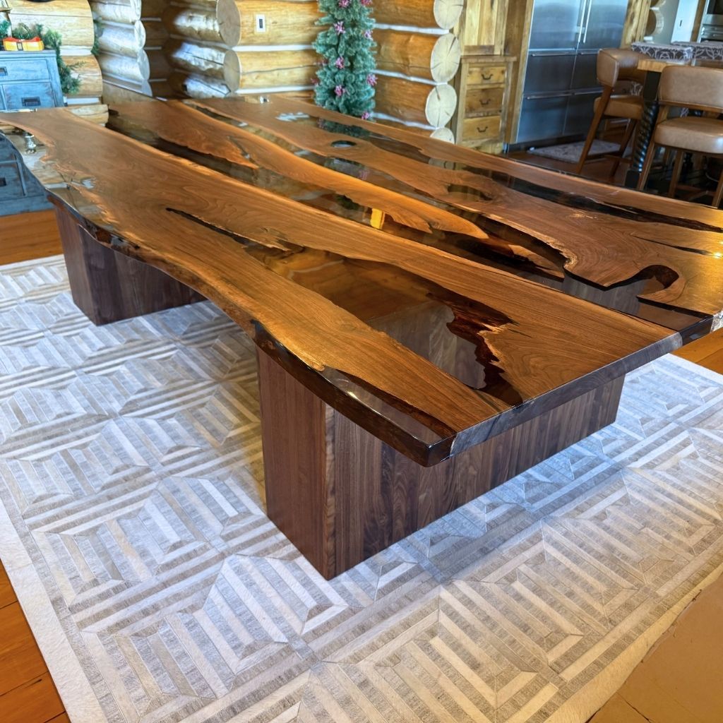 Select Centerpiece Walnut and Epoxy Meeting Dining Table 59" x 118" - Live Edge - Holzsch
