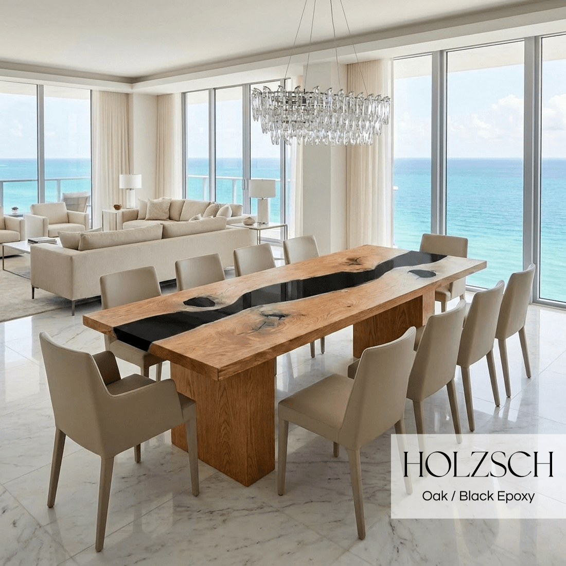 Modern dining room with a long wooden table and chairs, featuring Holzschuh furniture.
