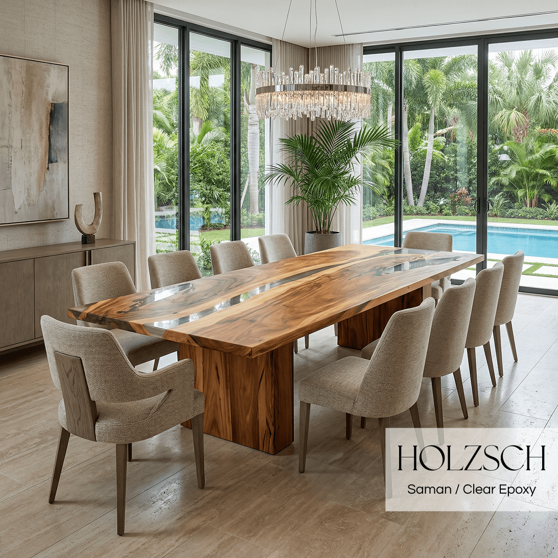 Modern dining room with wooden table and chairs, featuring HOLZSCH brand.