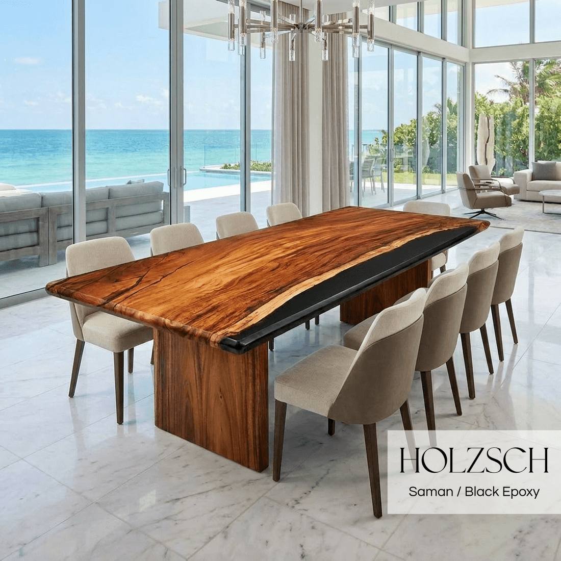 Wooden dining table with black epoxy finish in a modern room with large windows overlooking the ocean.