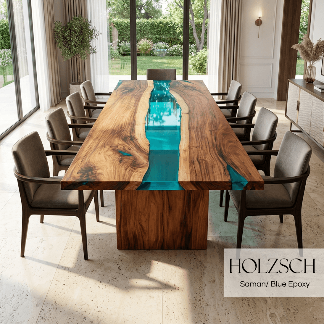 Dining room with a wooden table featuring blue epoxy inlay, surrounded by chairs.