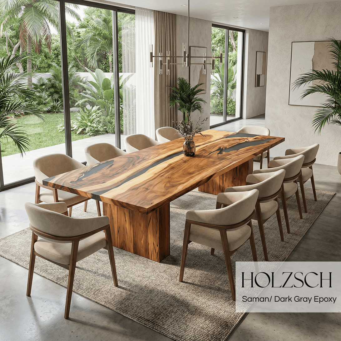 Modern dining room with a wooden table and chairs, featuring the brand 'HOLZSCH'.