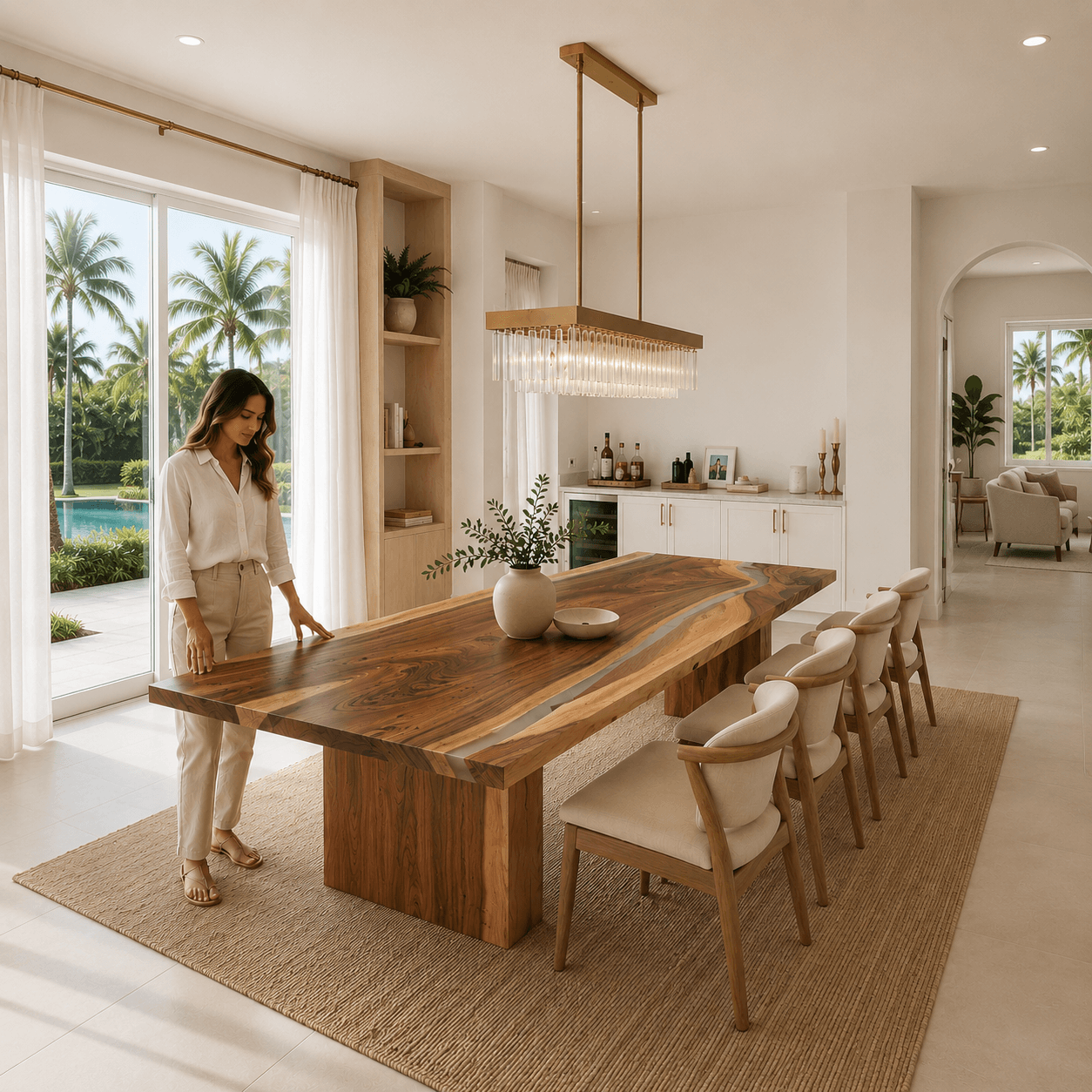 Woman standing by a wooden dining table in a modern kitchen with large windows.