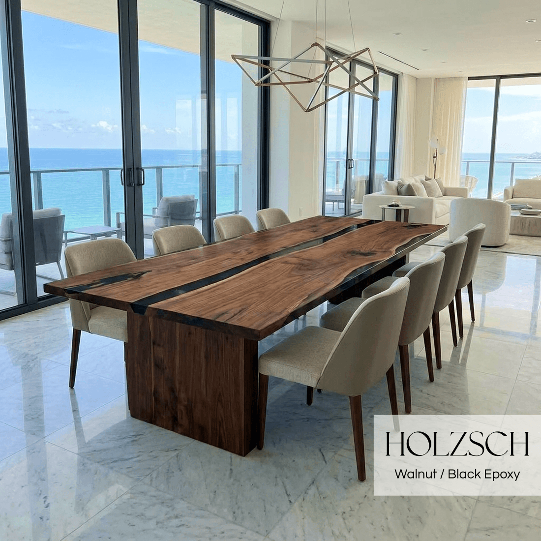 Modern dining room with a wooden table and chairs, featuring Holzsch branding.