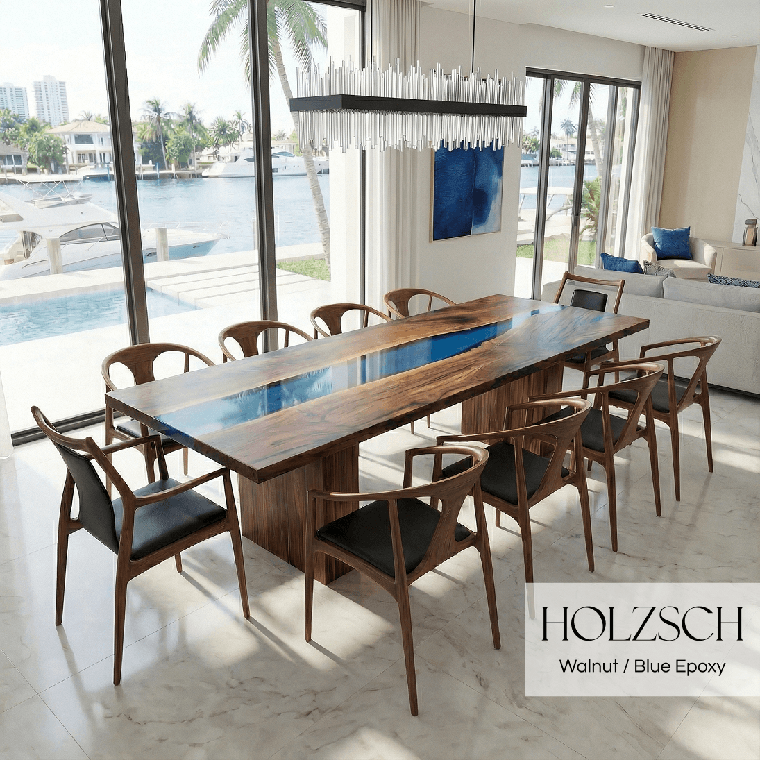 Modern dining room with a long wooden table and chairs, featuring Holzsch branding.