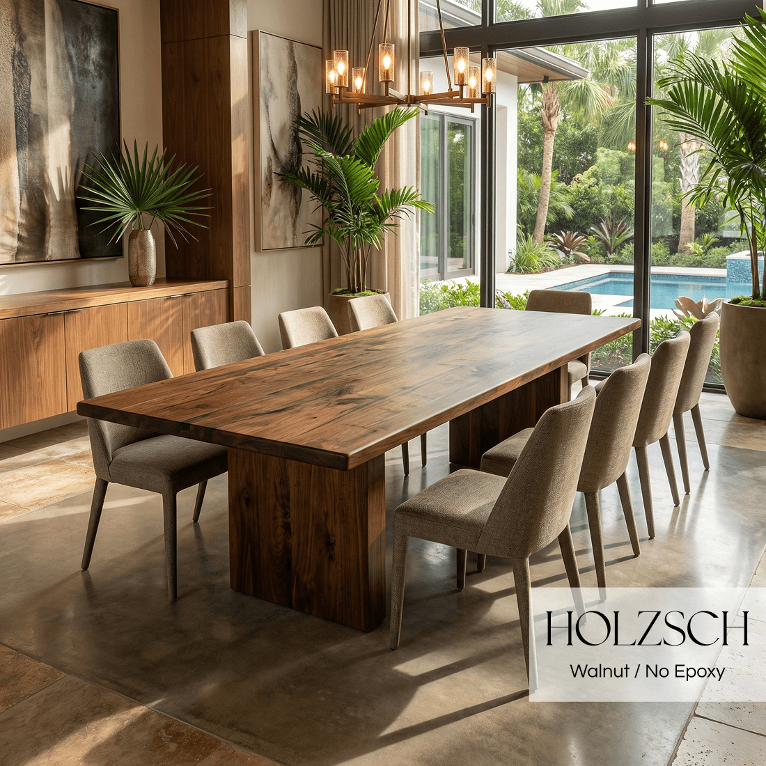 Modern dining room with a wooden table and chairs, featuring Holzschuh branding.