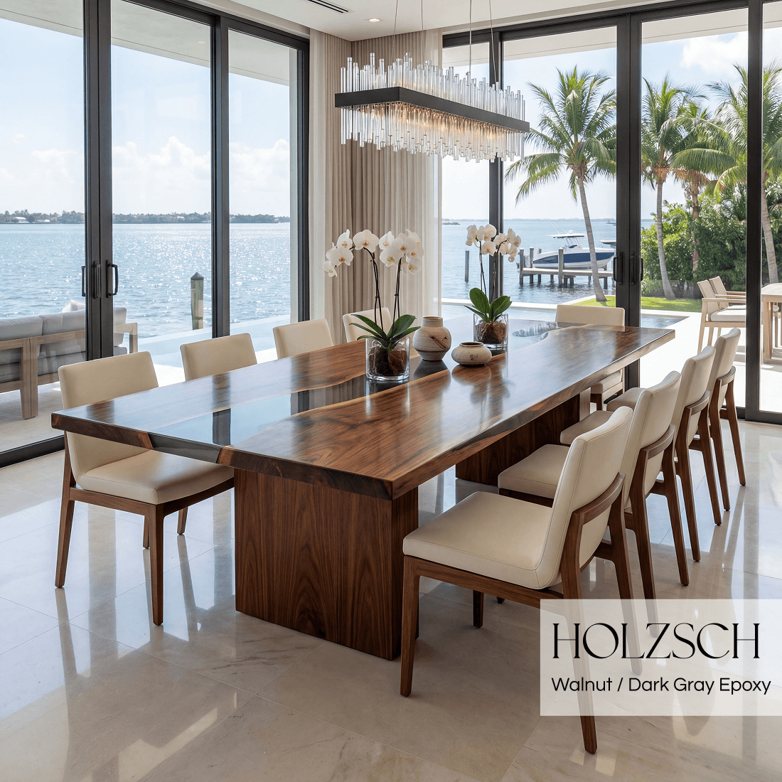 Modern dining room with a large wooden table and chairs, featuring a view of water and palm trees.