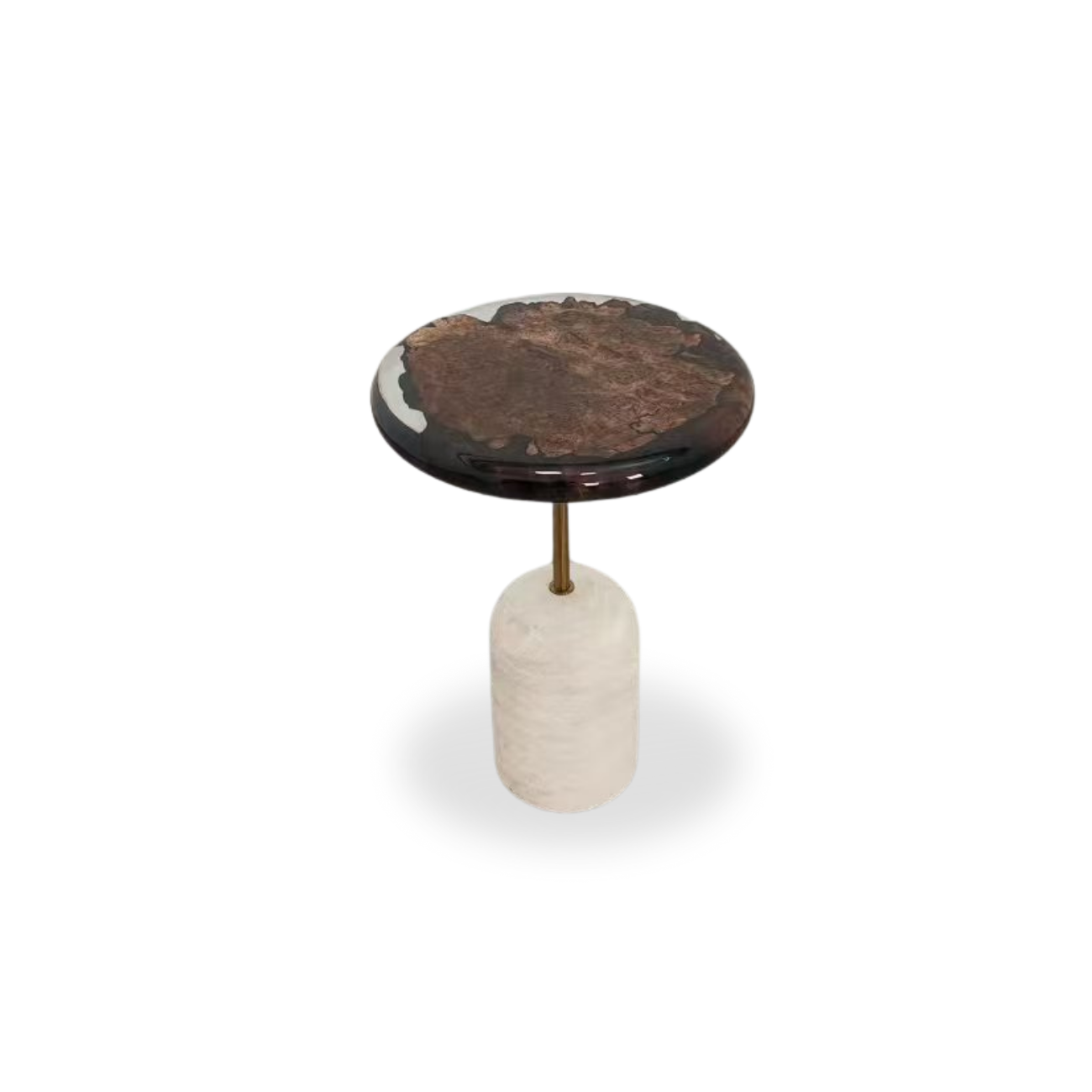 Round walnut burl side table with clear epoxy and beige travertine base