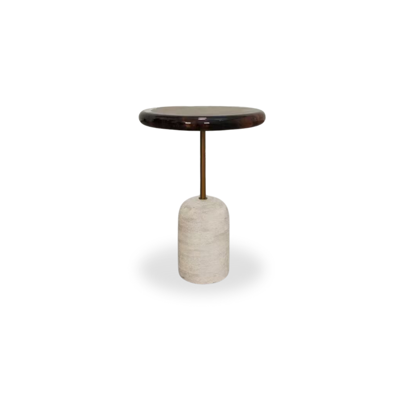 Walnut burl end table with clear resin, travertine base and brass-tone support