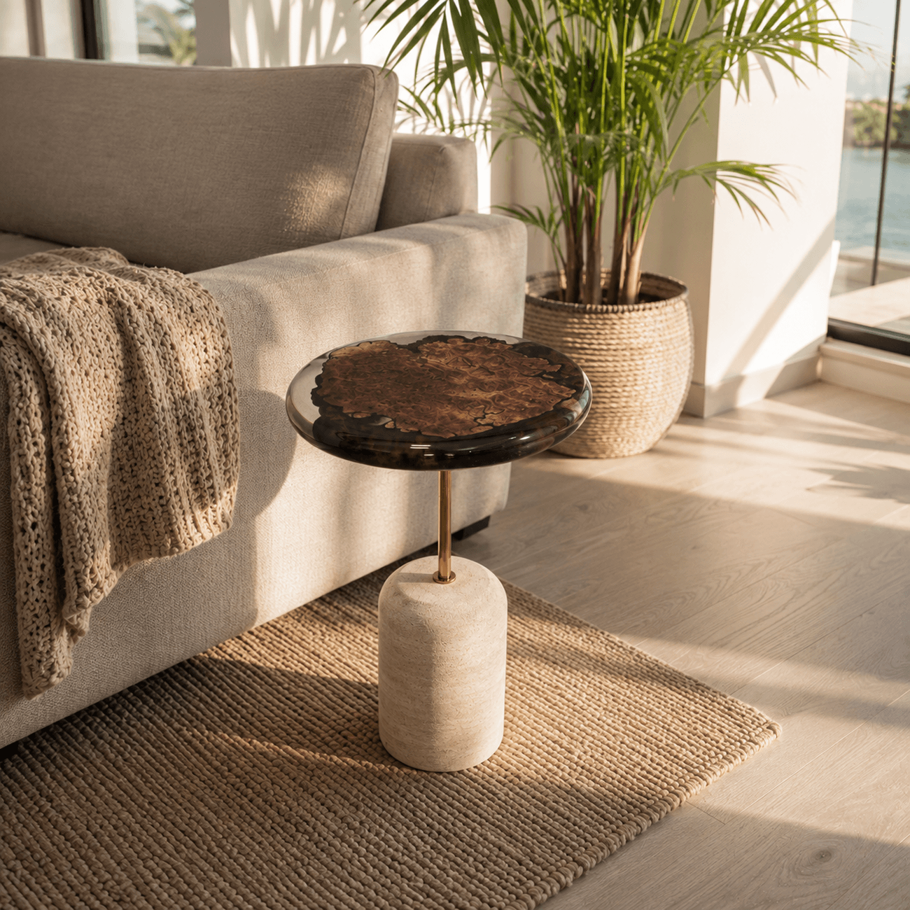 Handcrafted round walnut burl side table with polished clear epoxy
