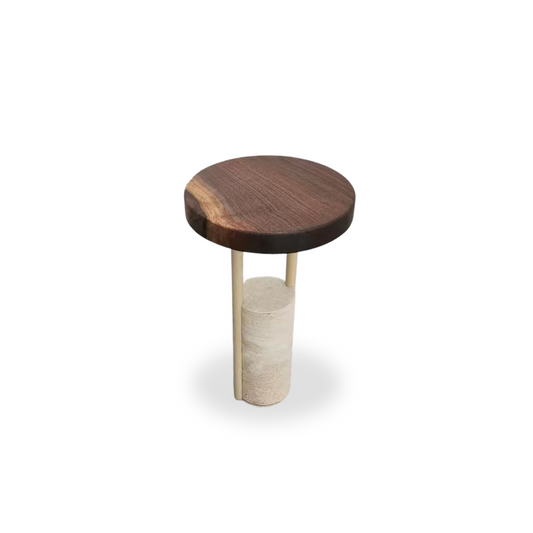Round walnut side table with clear epoxy detail and beige travertine base
