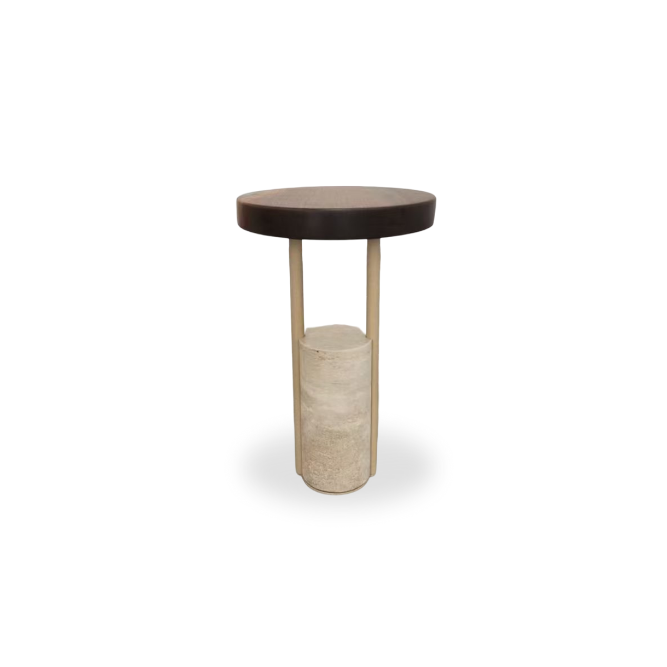 Handcrafted walnut end table with travertine cylinder and wood supports