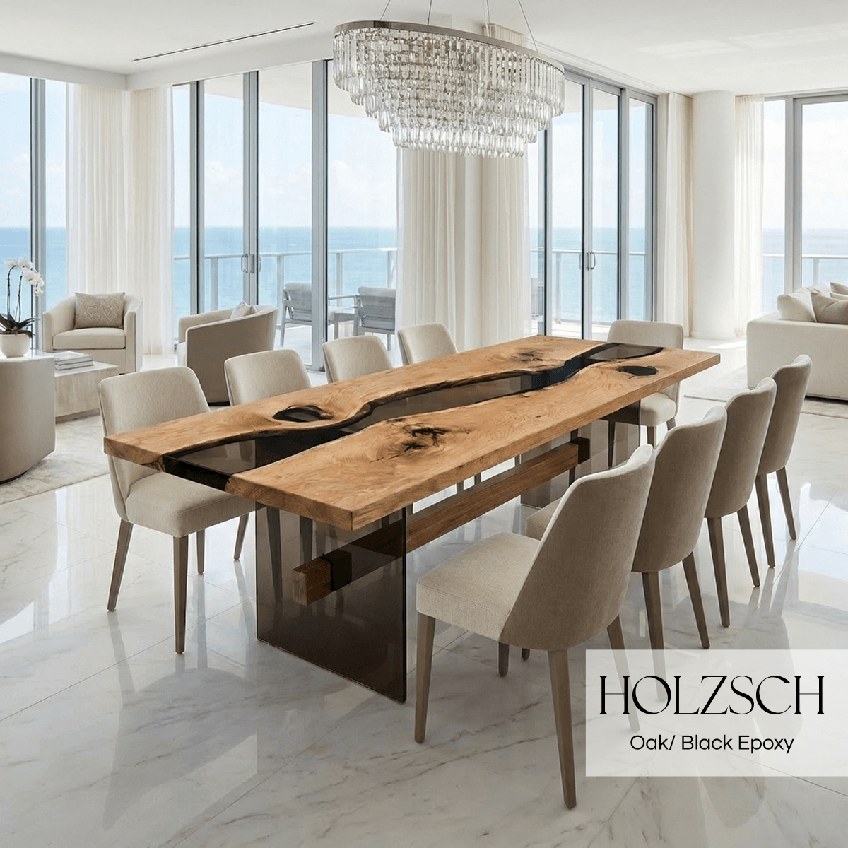 Modern dining room with a wooden dining table and chairs, featuring Holzsch branding.