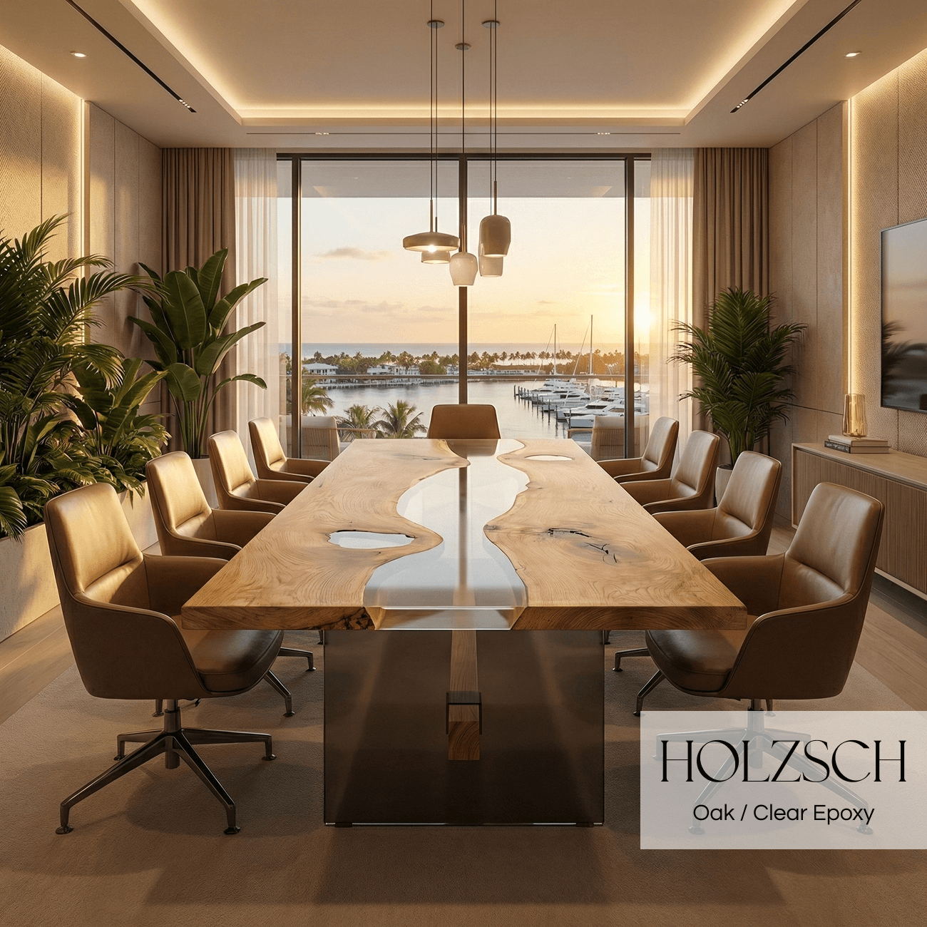 Modern conference room with a large wooden table and chairs, featuring Holzschuh branding.