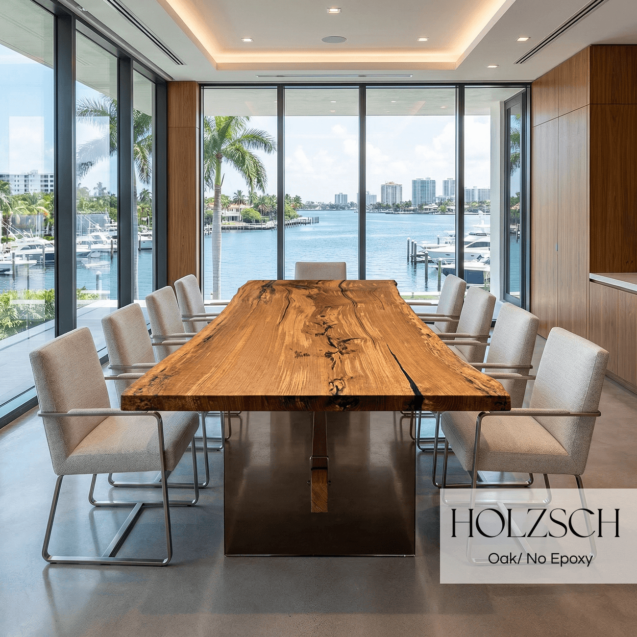 Modern dining room with a large wooden table and chairs, featuring a waterfront view.