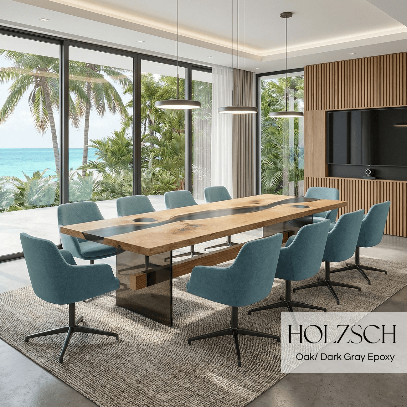 Modern office interior with a wooden conference table and blue chairs, featuring a view of palm trees and the ocean.