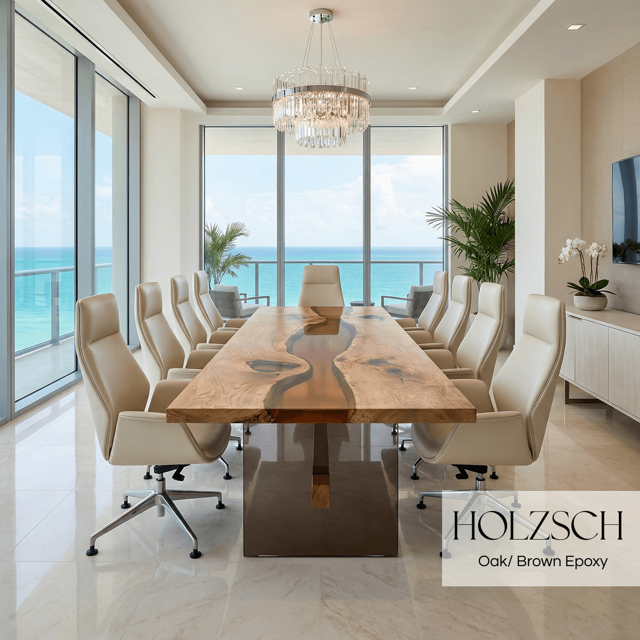 Modern office interior with a wooden conference table and white chairs, featuring a view of palm trees and the ocean.