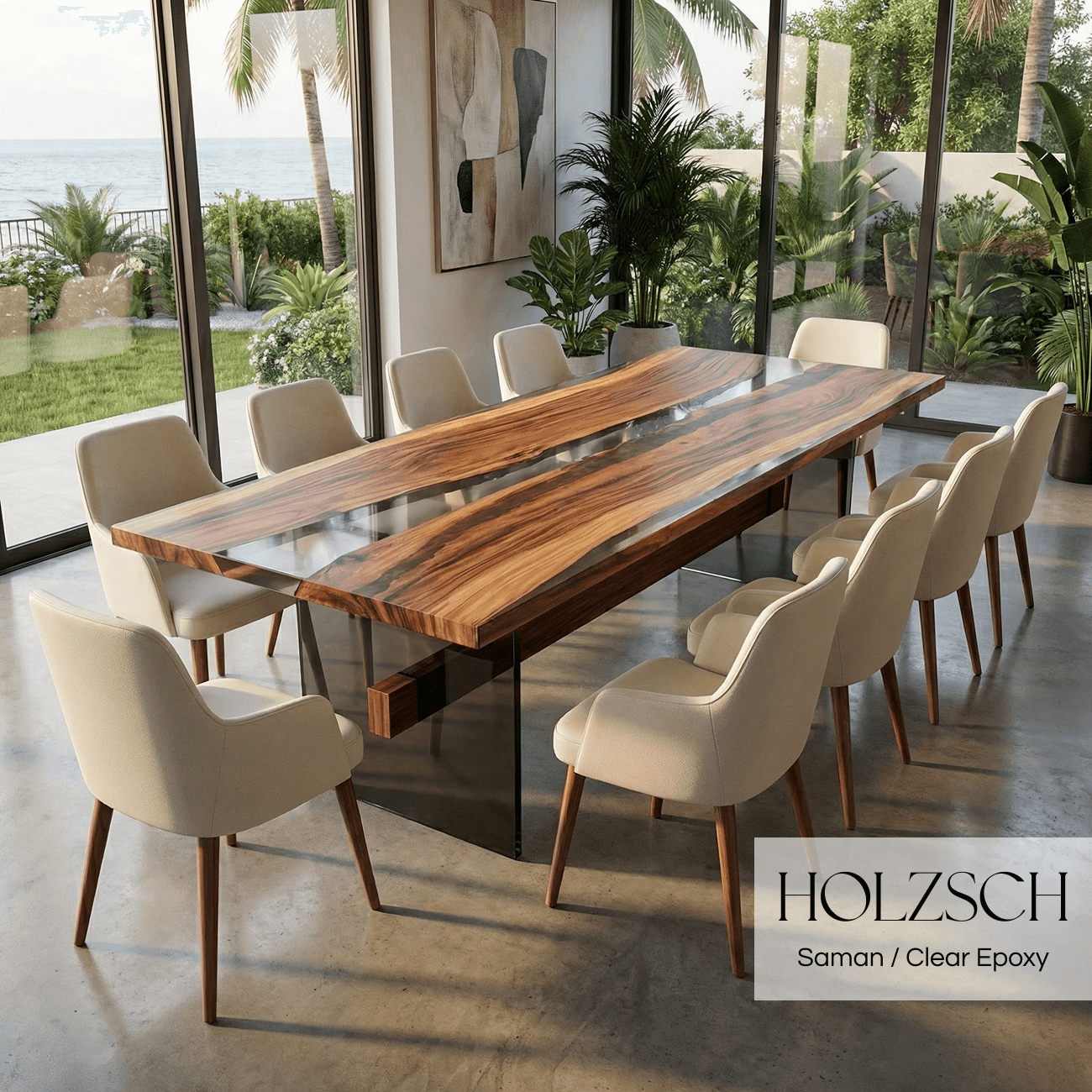 Modern dining room with a wooden table and chairs, featuring HOLZSCH brand.