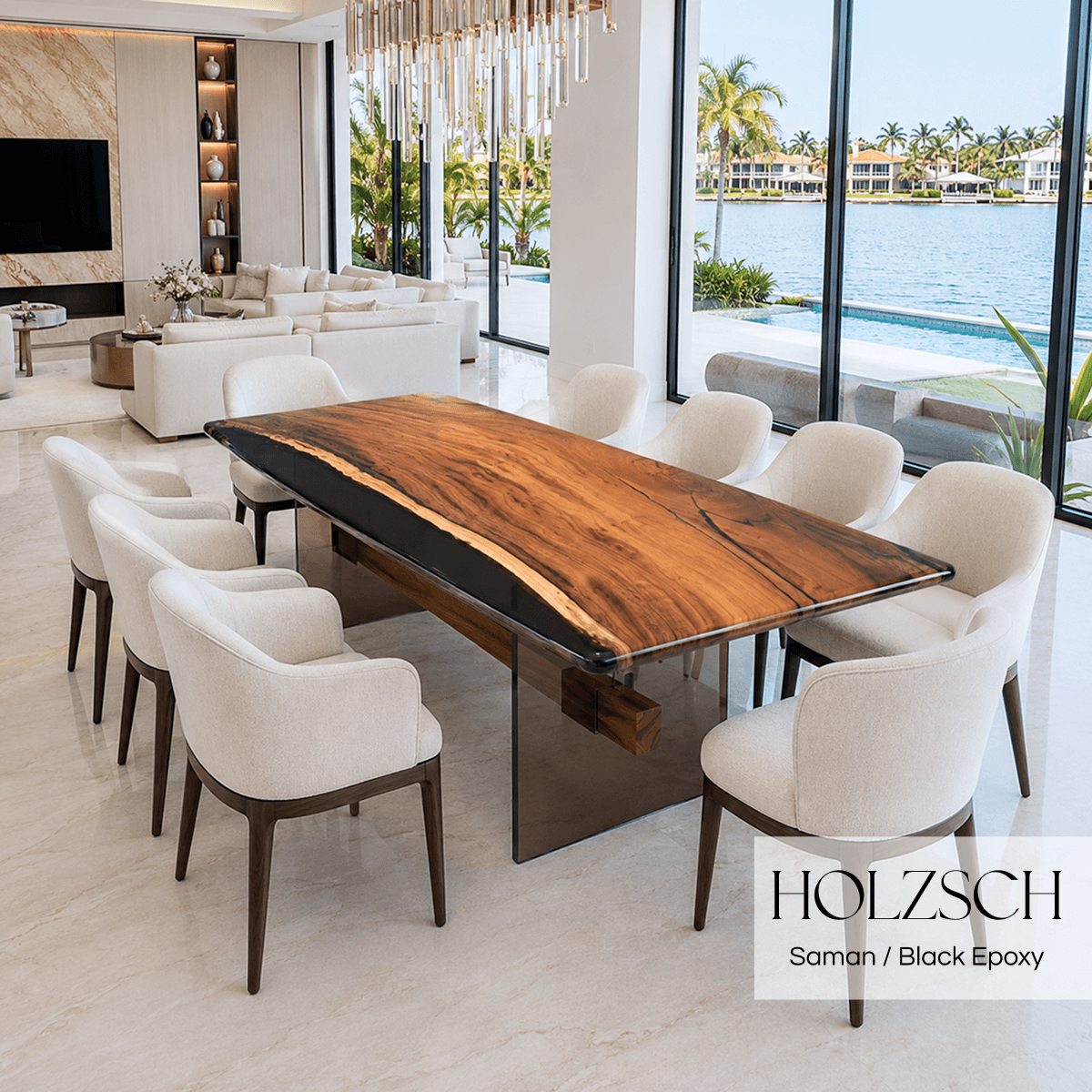 Modern dining room with a wooden table and white chairs, featuring a pool and waterfront view.