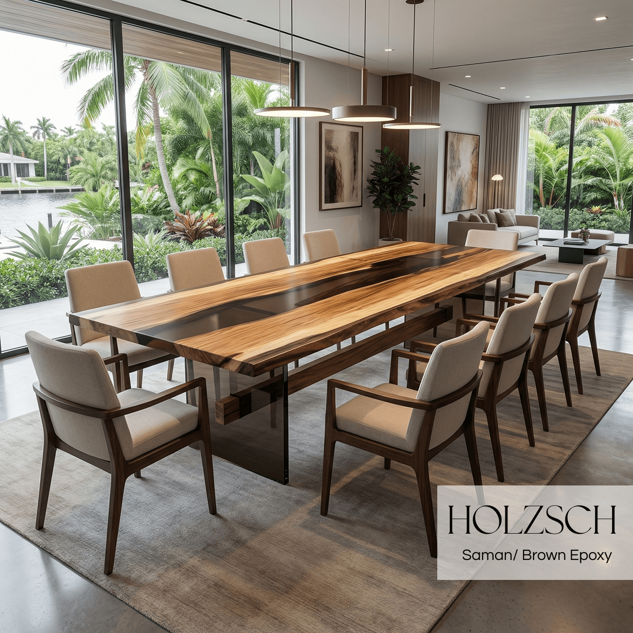 Modern dining room with a long wooden table and chairs, featuring the brand 'HOLZSCH'.