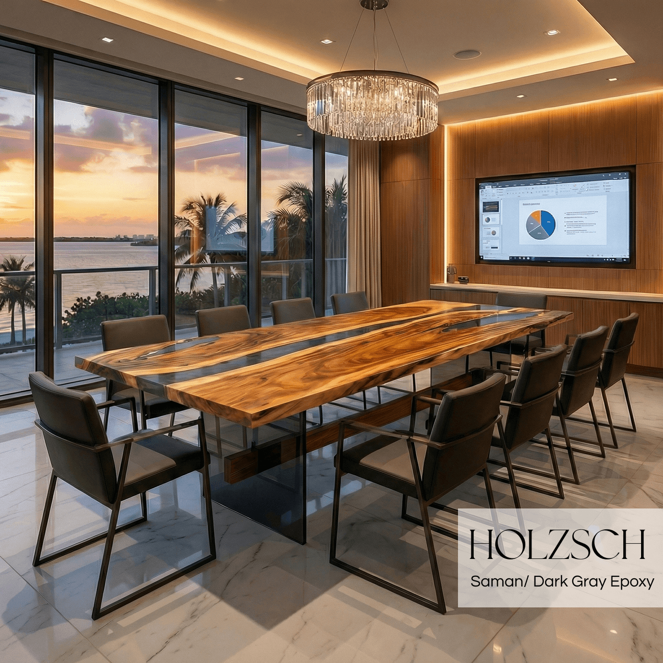 Modern dining room with a long wooden table and chairs, featuring Holzsch Saman Dark Gray Epoxy finish.