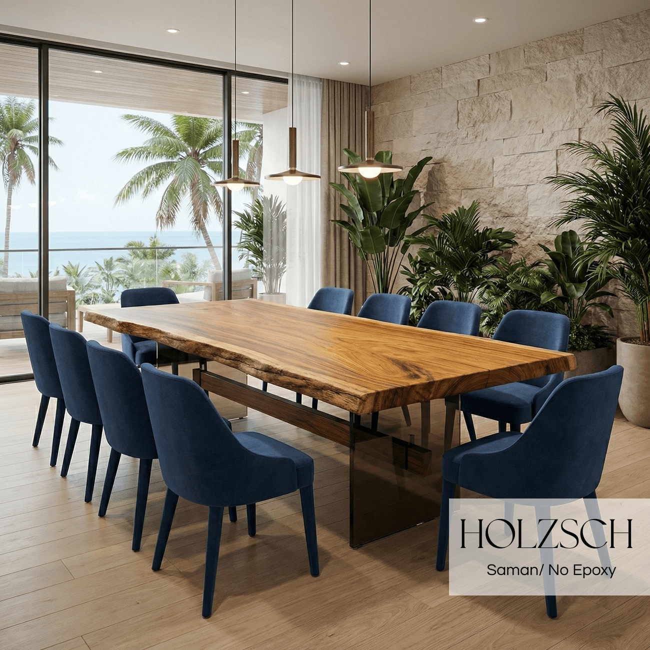 Modern dining room with wooden table and blue chairs, featuring HOLZSCH branding.