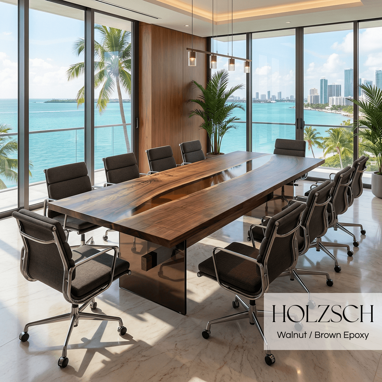 Modern conference room with a large wooden table and chairs, featuring a view of the ocean and city skyline.