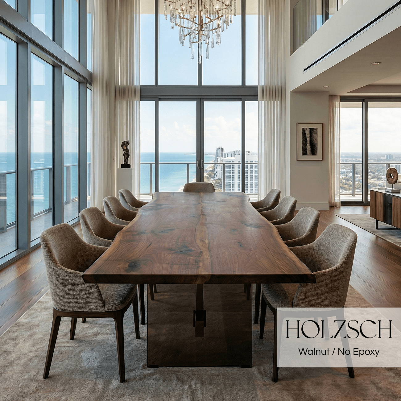 Modern dining room with a large wooden table and chairs, featuring Holzschuh furniture.