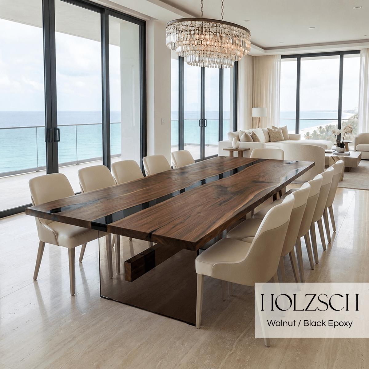 Modern dining room with a long wooden table and chairs, featuring Holzsch branding.