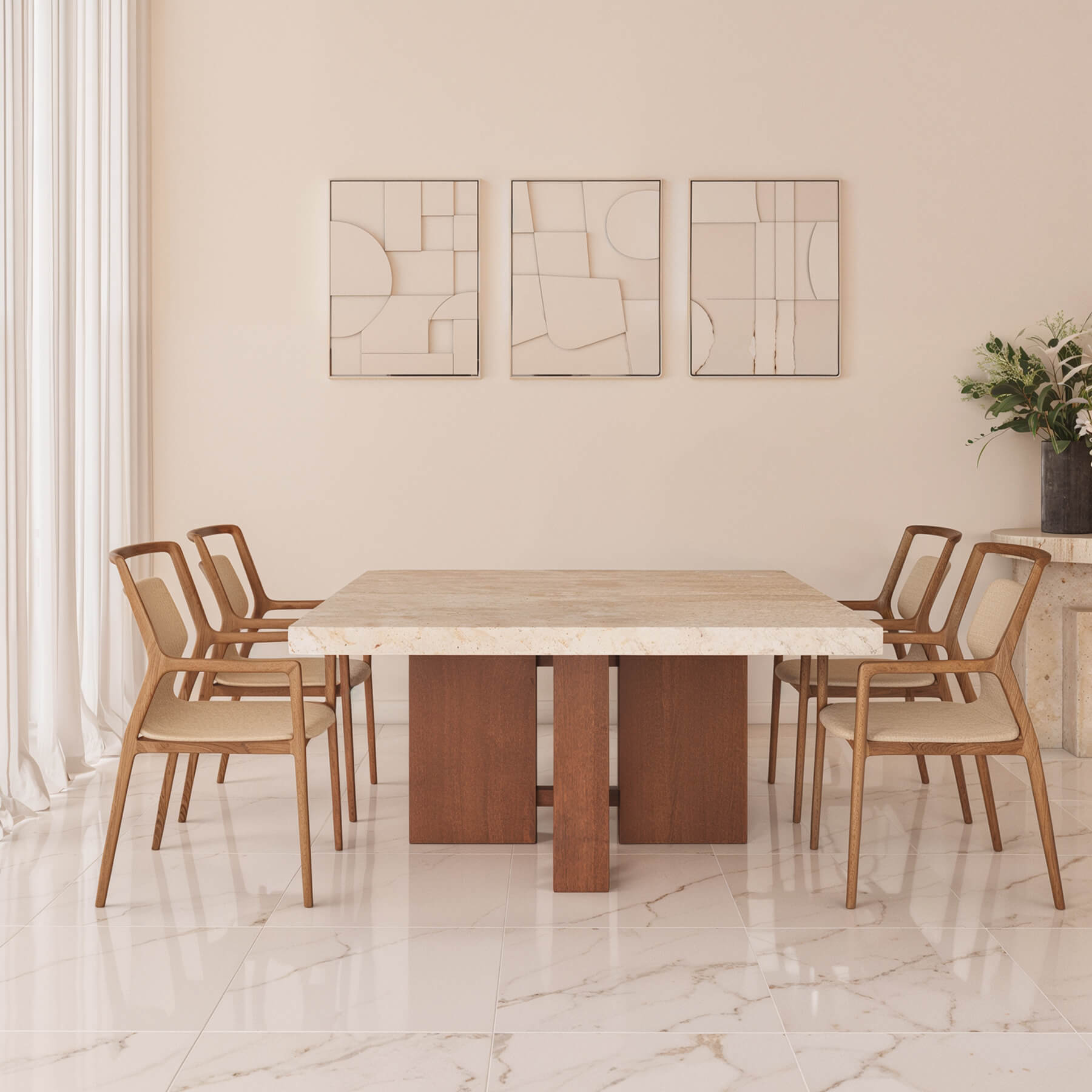 Quadrina Square Dining Table - Genuine Travertine Top 60"x 60" - Holzsch