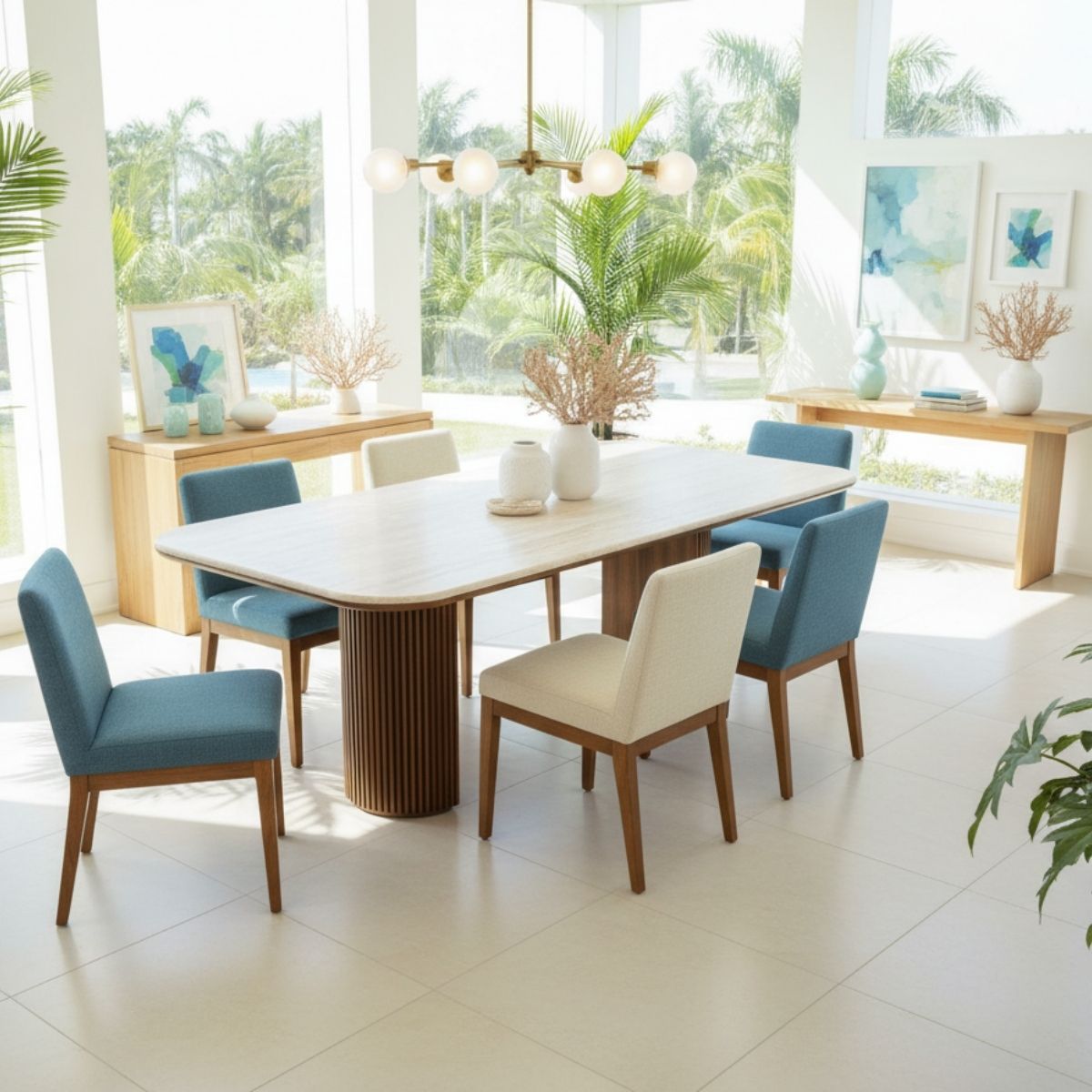 Dining room with a long table and chairs near large windows with a view of greenery.